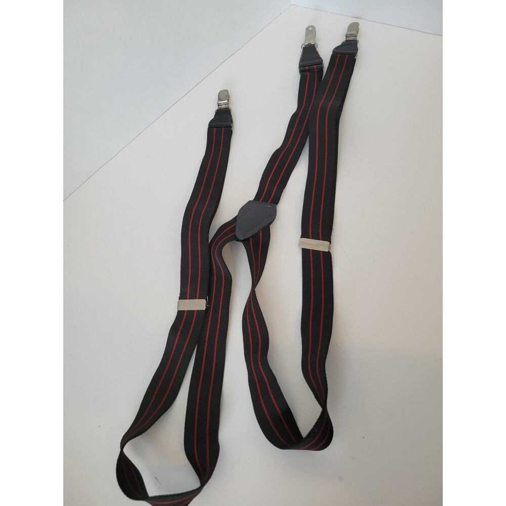 Men's Black Suspenders with Red Stripes Adjustable Clip-On Elastic - Picture 1 of 2